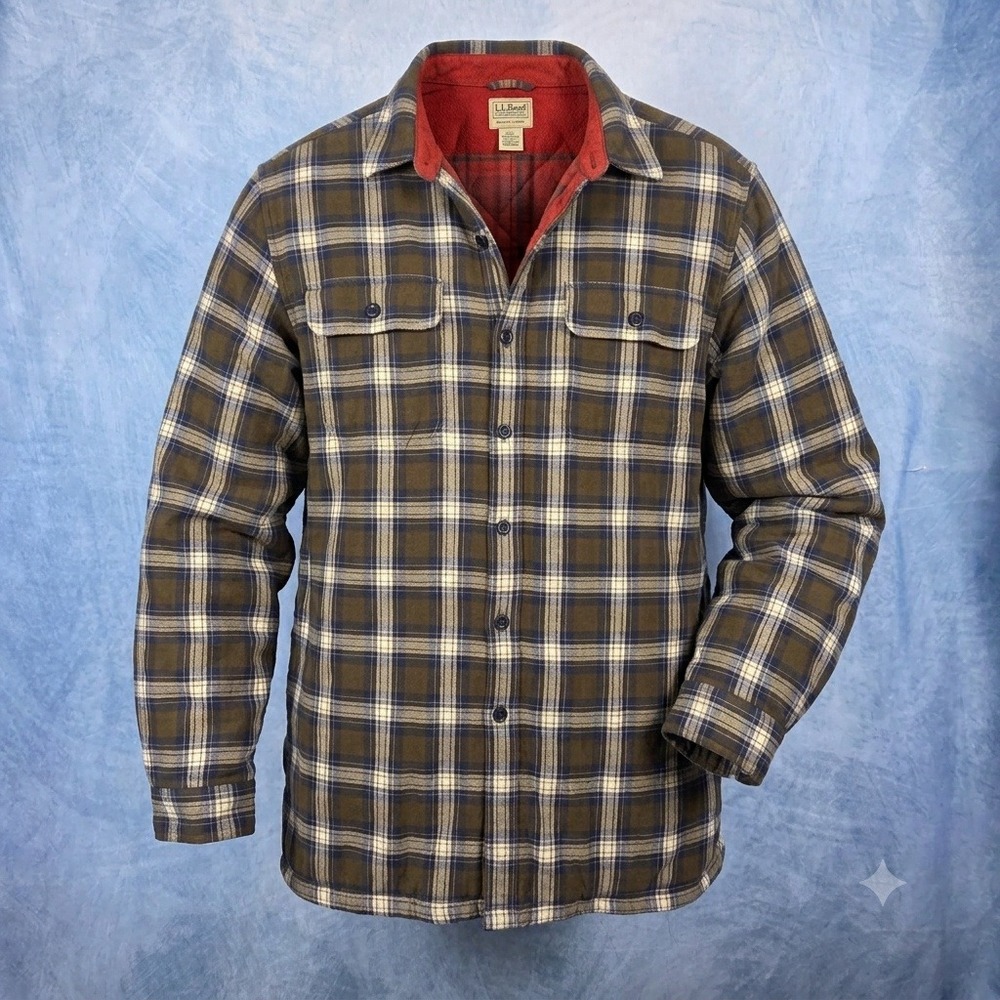 LL Bean Mens XL Fleece Lined Flannel Shirt Jacket Plaid Olive Red 298189